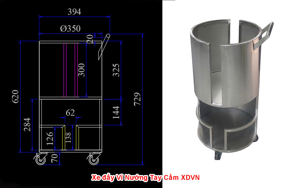 Kích thước xe đẩy vỉ nướng chống dính XDVN