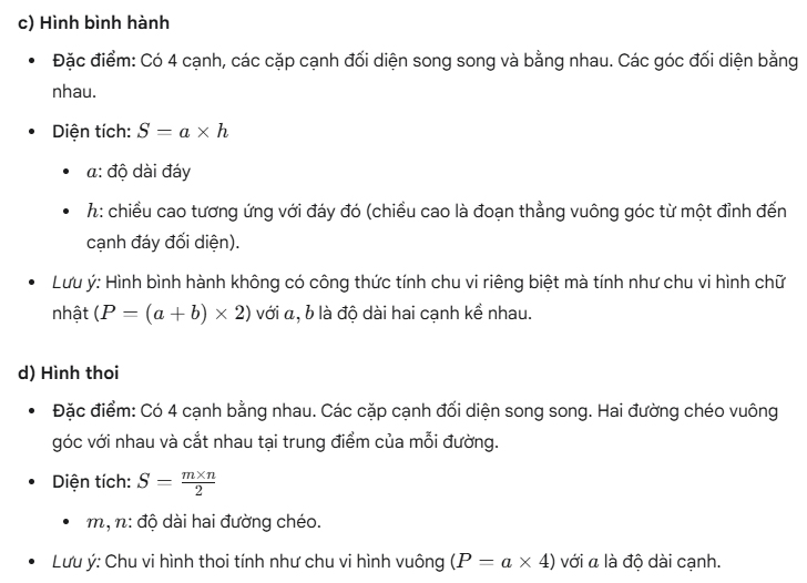 Chu vi, diện tích hình bình hành, hình thoi