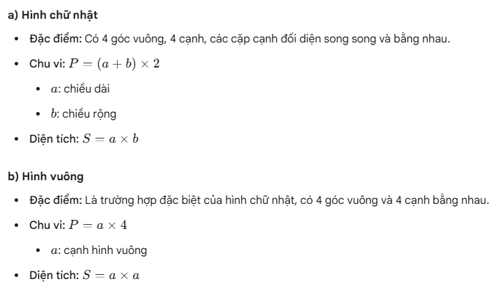 Chu vi, diện tích hình chữ nhật, hình vuông