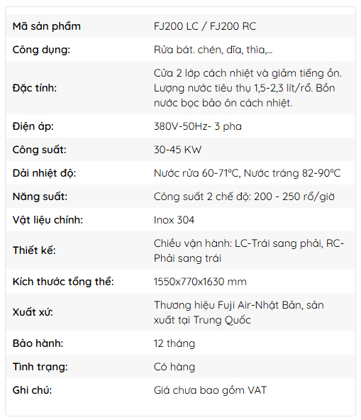 Thông số kỹ Máy rửa bát băng chuyền Fuji Air FJ200