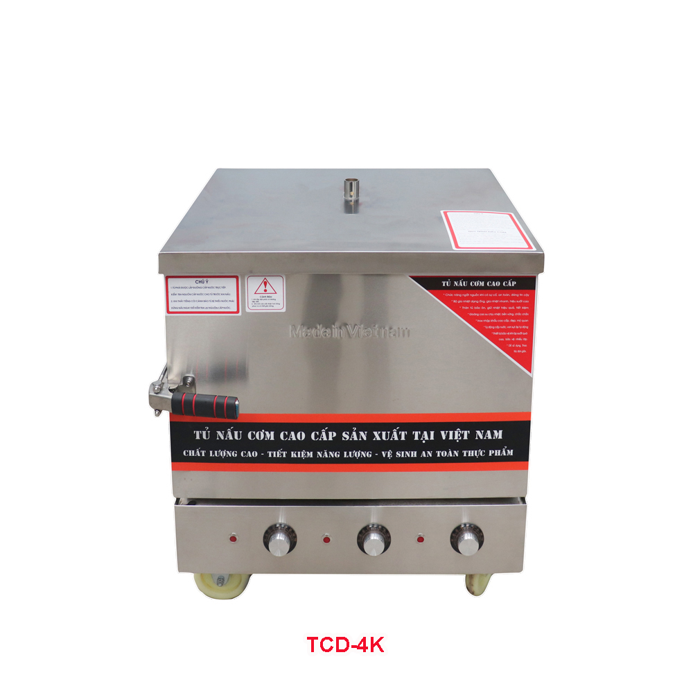 Tủ cơm 4 khay mã sản phẩm TCD-4K là dòng tủ cơm công nghiệp sử dụng điện áp 220V/50Hz, công suất tiêu thụ điện năng 6KW, kích thước tủ 700x600x800(mm), theo kèm tủ 4 khay, khả năng nấu 12Kg gạo Tủ Cơm 4 Khay