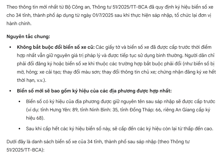 Theo thông tin mới nhất từ Bộ Công an, Thông tư 51/2025/TT-BCA đã quy định ký hiệu biển số xe cho 34 tỉnh, thành phố áp dụng từ ngày 01/7/2025 sau khi thực hiện sáp nhập, tổ chức lại đơn vị hành chính. quy định ký hiệu biển số xe cho 34 tỉnh