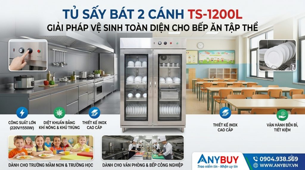 Với dung tích 811 lít cùng hệ thống giá khay inox 45 tầng rộng rãi tủ cho phép sấy khô và diệt khuẩn hàng trăm bát đĩa khay ăn cùng lúc Thiết kế này giúp tiết kiệm thời gian cũng như công sức nhân công so với phương pháp lau khô truyền thống Thiết Bị Nhà Hàng Tủ sấy bát đĩa 2 cánh TS 1200L