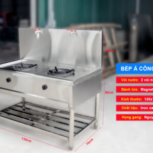 Bếp á 2 họng dùng gas có vòi nước là một trong những Bếp Á Nhà Hàng họng gang chịu nhiệt bền, kích thước bếp 1300x700x800/450(mm) sử dụng cho việc xào nấu, chiên và ninh hầm