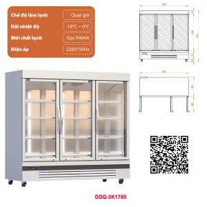 Tủ đông đứng 3 cánh kính DDQ-3K1750 dung tích 1750 lít