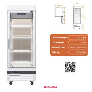 Tủ mát đứng 1 cánh kính DDQ-1K500 dung tích sử dụng 500 lít, chế độ làm lạnh quạt gió